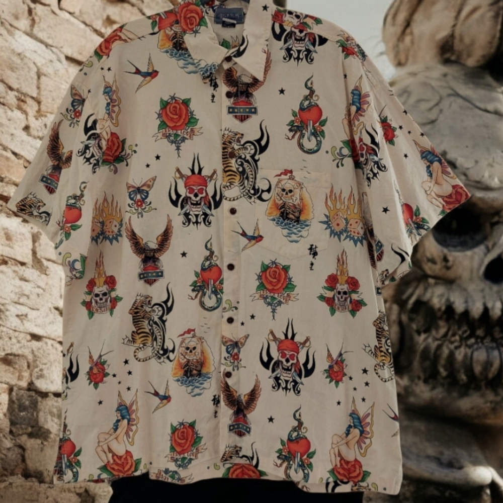 HIGH SEAS TATTOO VINTAGE 90S   PRINT MENS BUTTON DOWN SHIRT